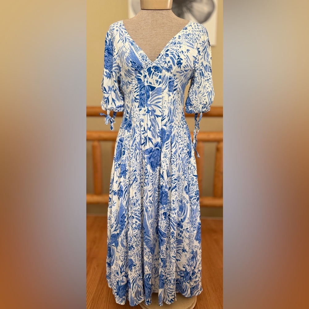 Free People “Forever Always” Floral Midi Dress Blue & White Size 0 - Picture 8 of 16